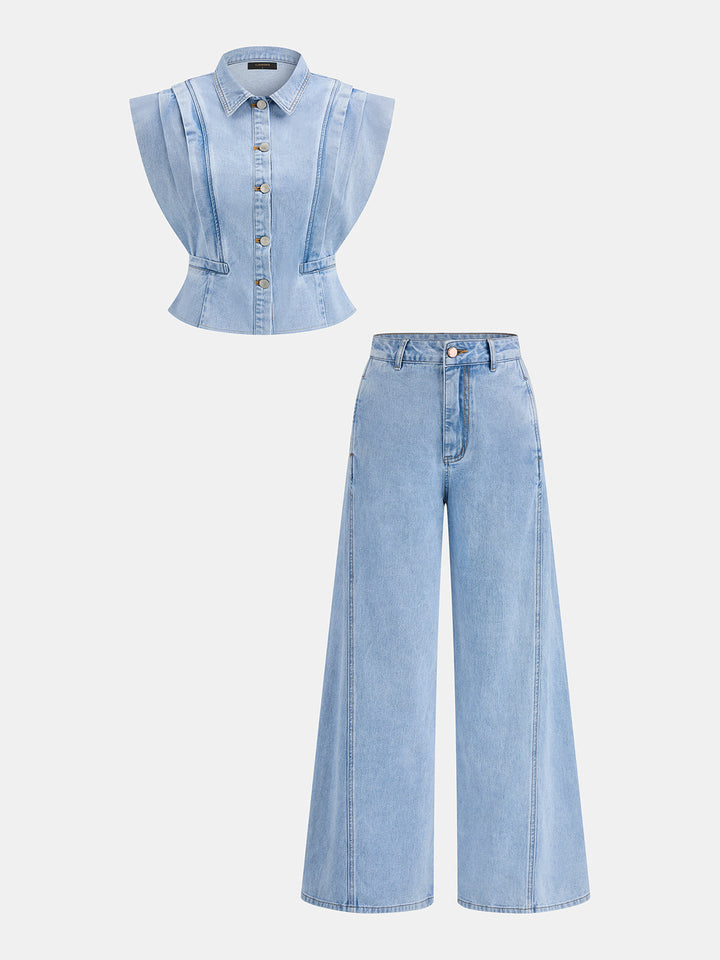 Wing Sleeve Collared Denim Top & Jeans Set