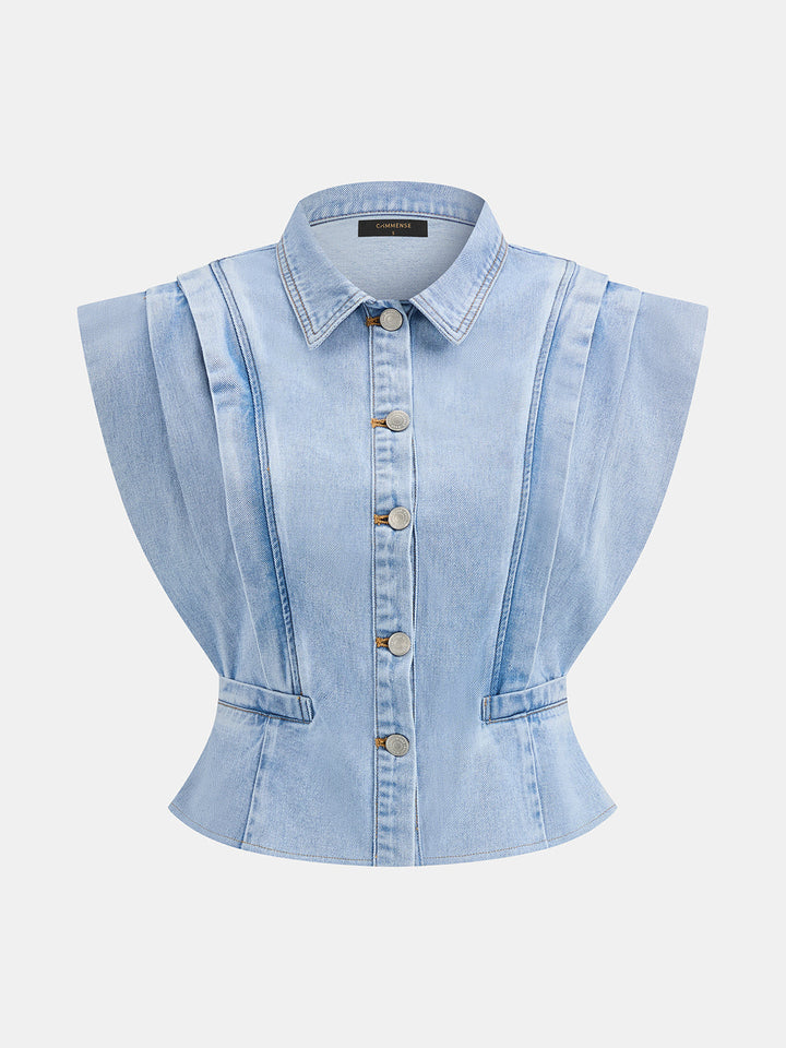 Wing Sleeve Collared Denim Top & Jeans Set