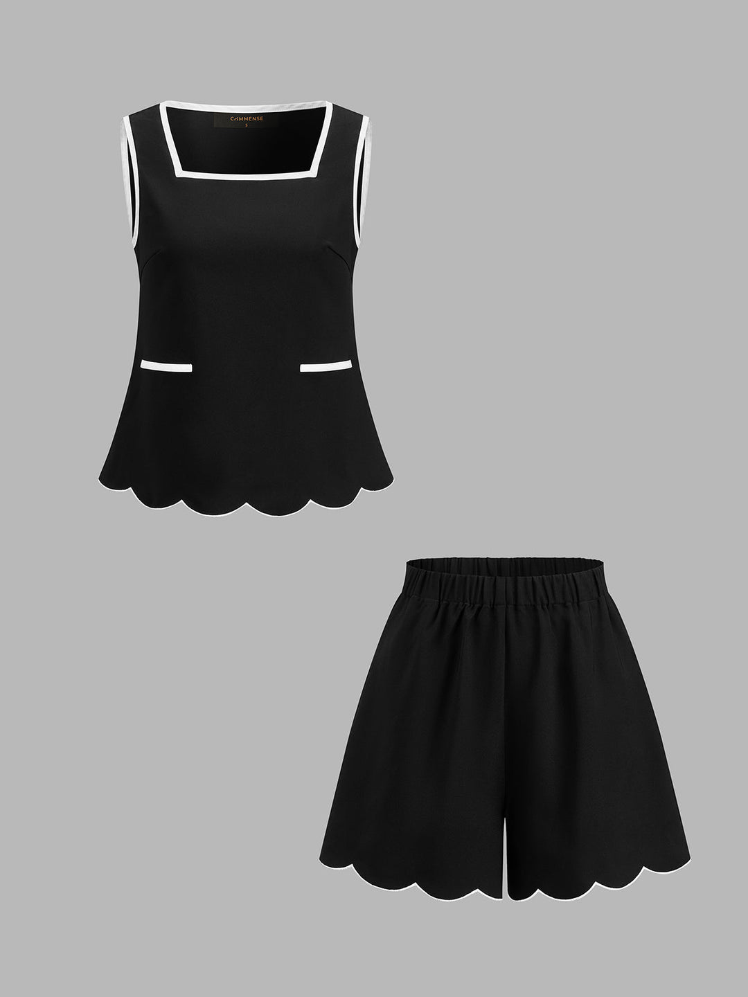 Contrast Scalloped Trim Two Piece Shorts Set