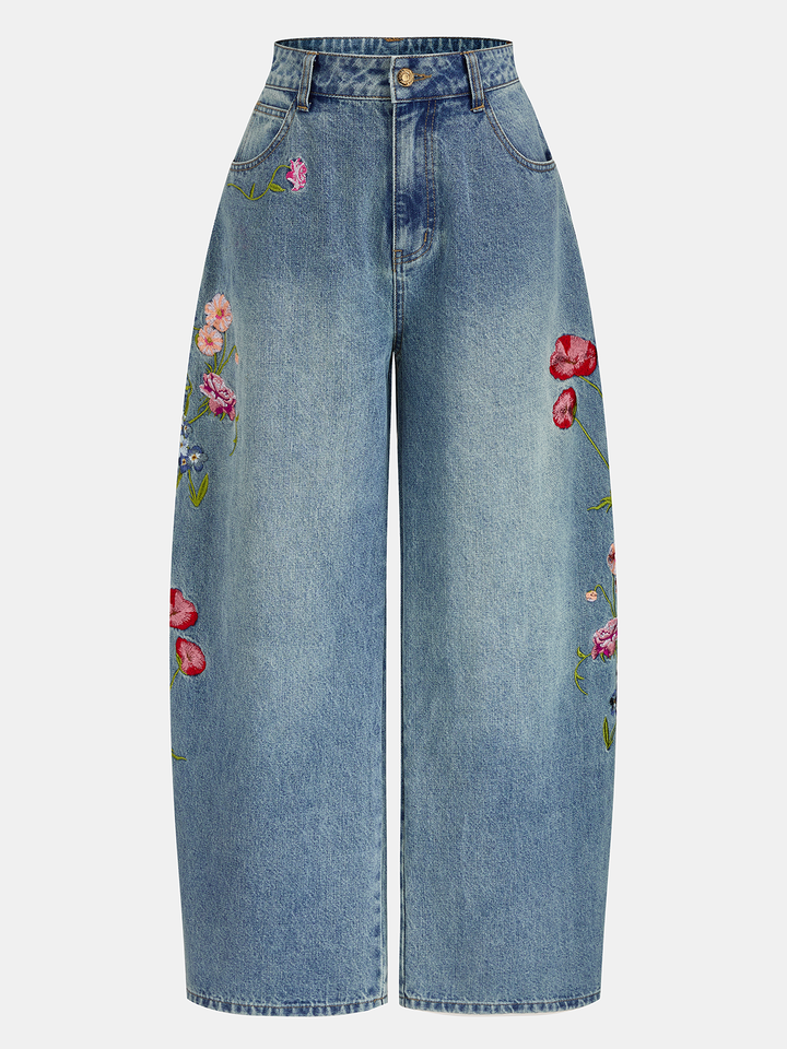 Floral Embroidery Curved-Leg Denim Pants