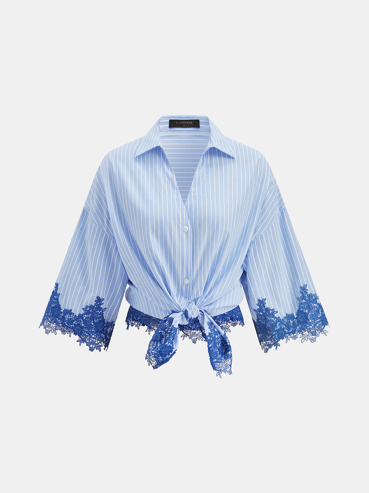 Lace Trim Striped Two Piece Shorts Set