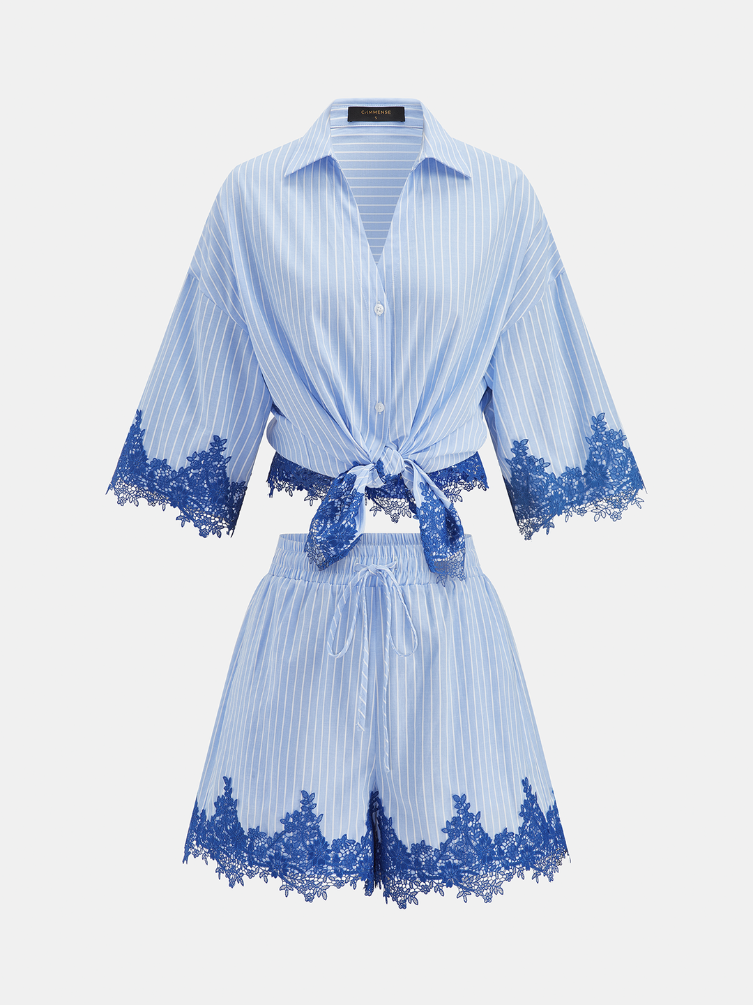 Lace Trim Striped Two Piece Shorts Set