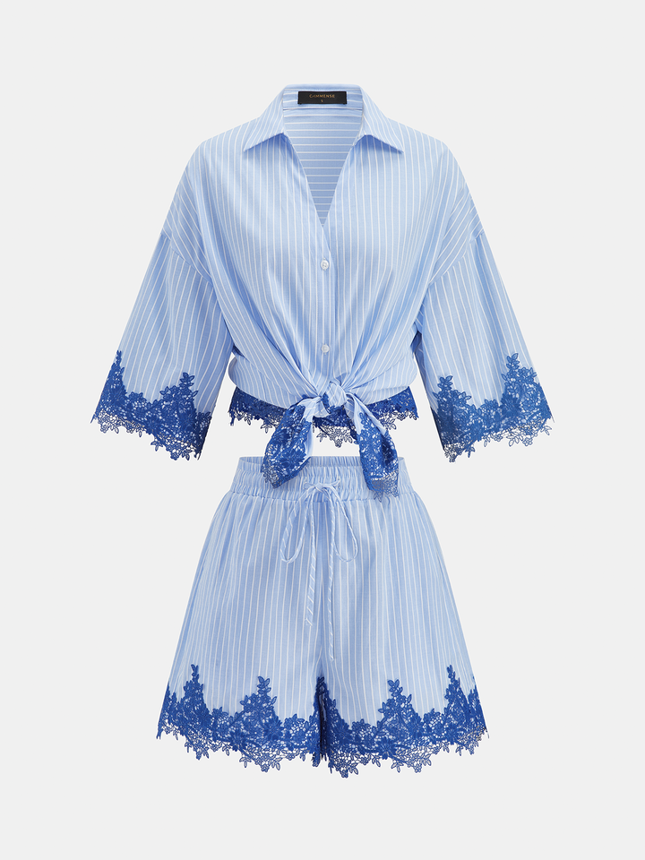 Lace Trim Striped Two Piece Shorts Set