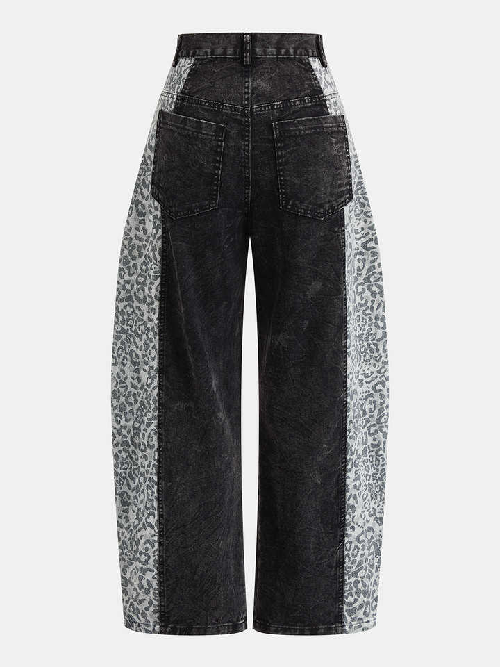 Leopard Print Barrel Leg Denim Pants