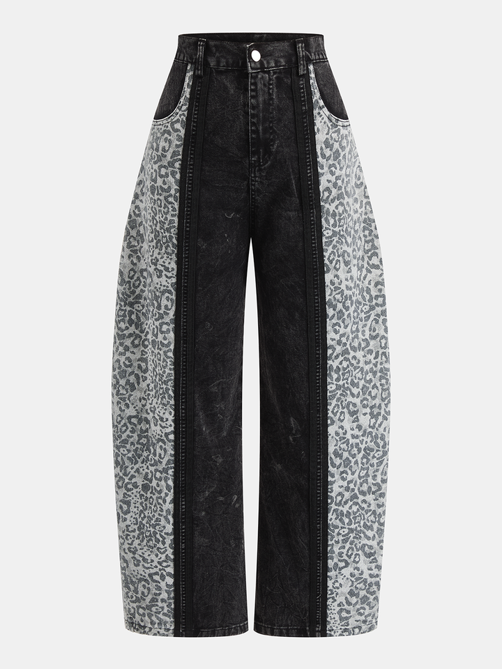 Leopard Print Barrel Leg Denim Pants