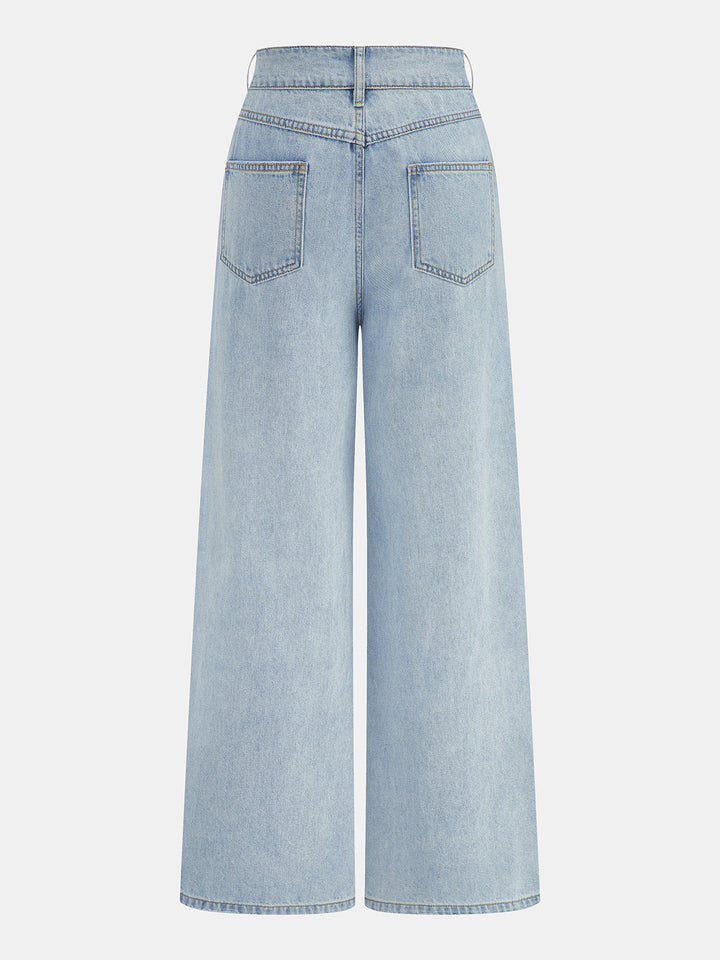 Washed Pleated Wide Leg Jeans