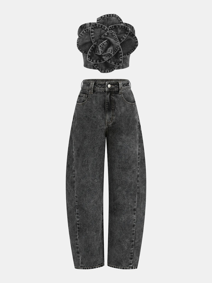 3D Rose Applique Denim Tube Top