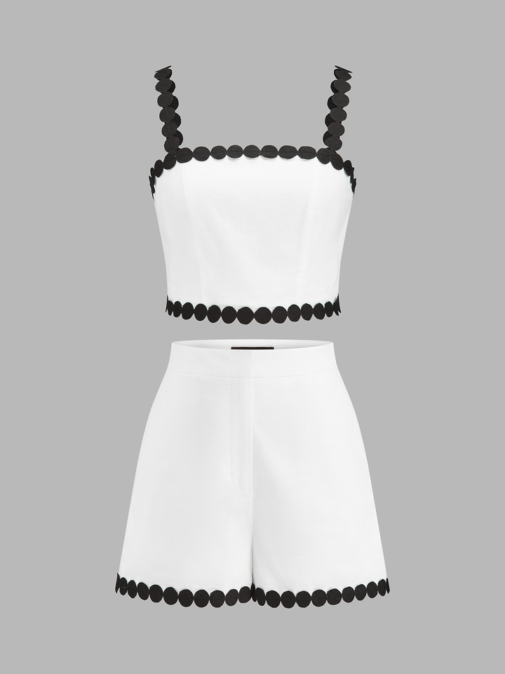 Circle Trim Cotton Linen Two Piece Shorts Set