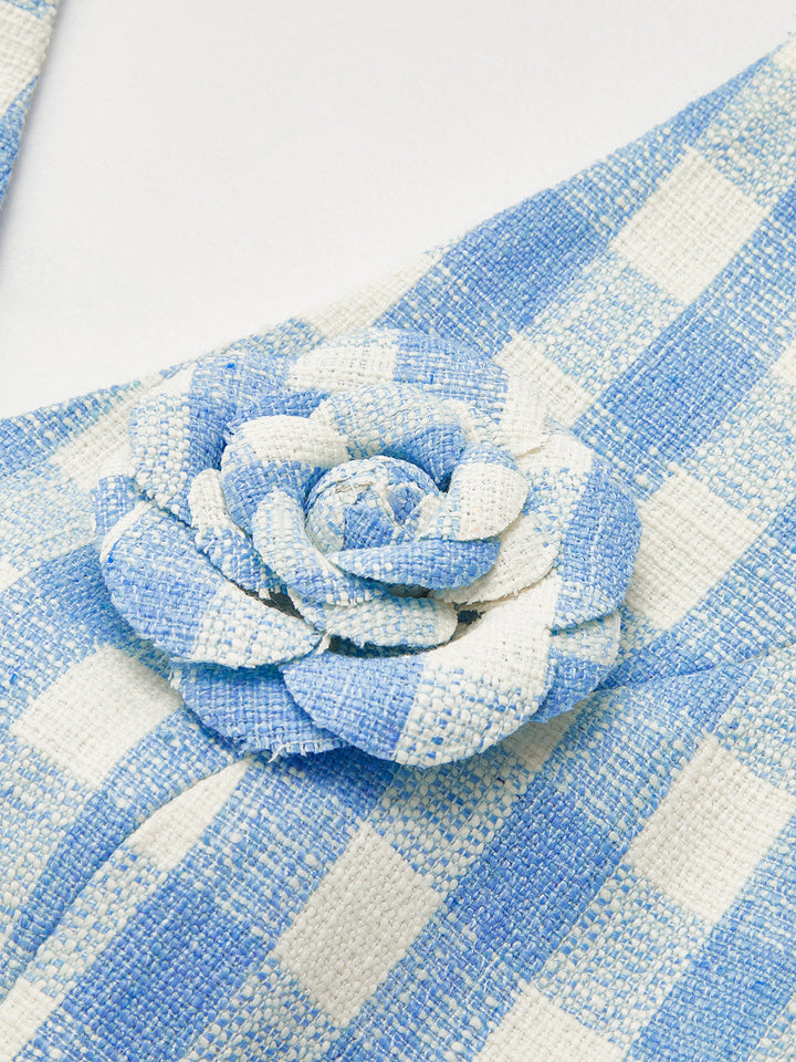 3D Flower Gingham Halter Vest & Shorts Set