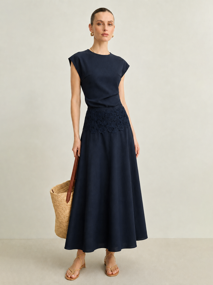 Cotton Linen Top & Lace Waist Skirt Set
