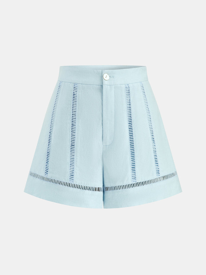 Hollow Linen Blend Two Piece Shorts Set