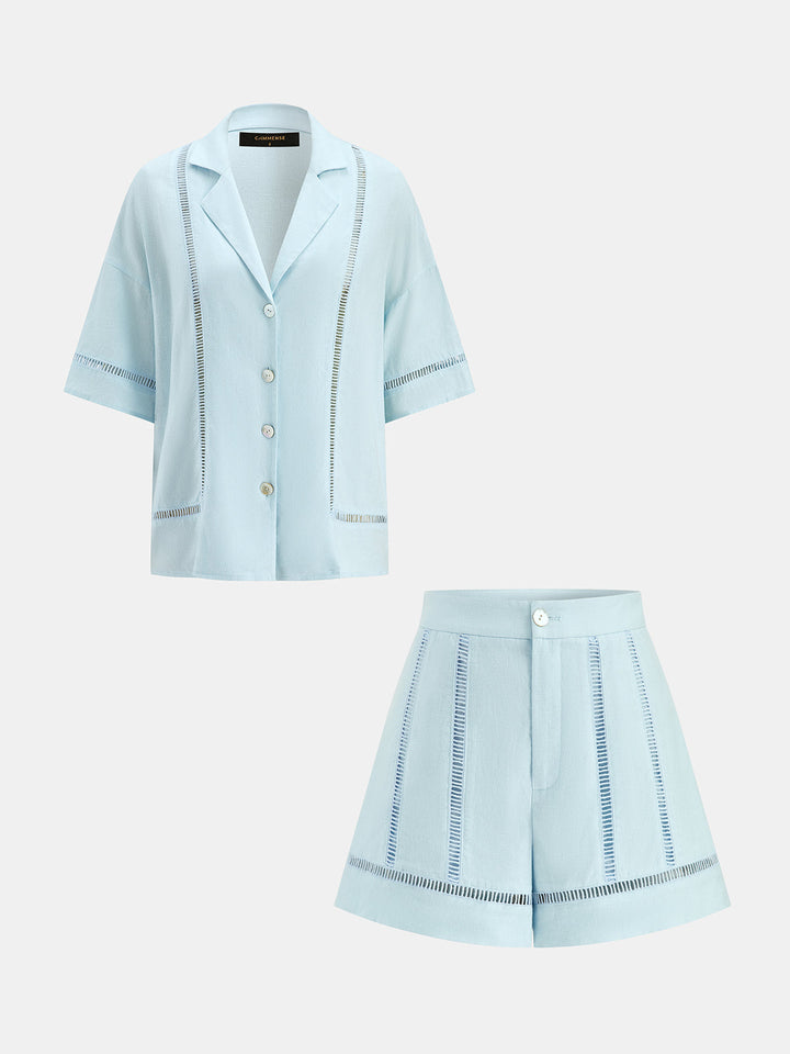 Hollow Linen Blend Two Piece Shorts Set