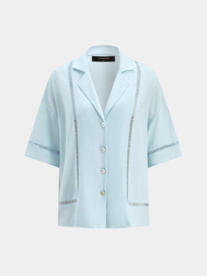 Hollow Linen Blend Two Piece Shorts Set