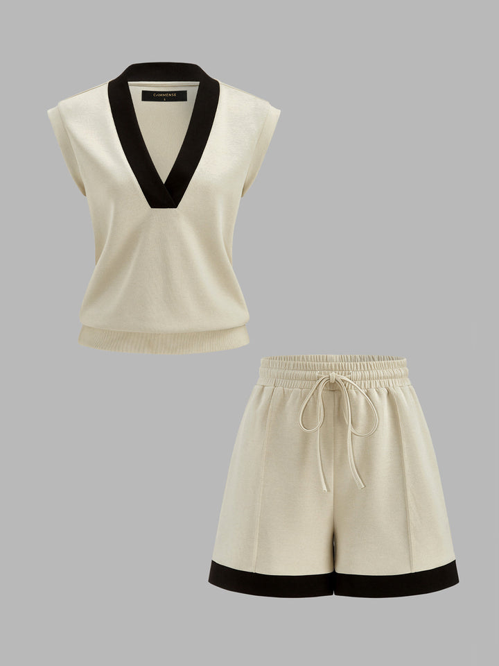 Contrast Trim V-Neck Top & Drawstring Shorts Set