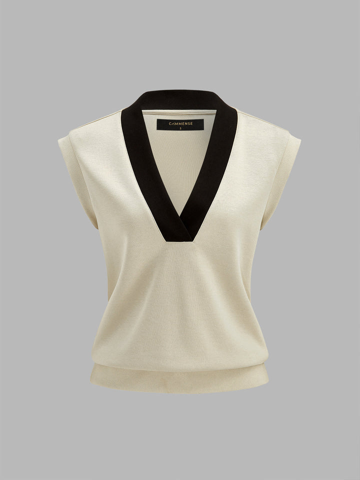 Contrast Trim V-Neck Top & Drawstring Shorts Set