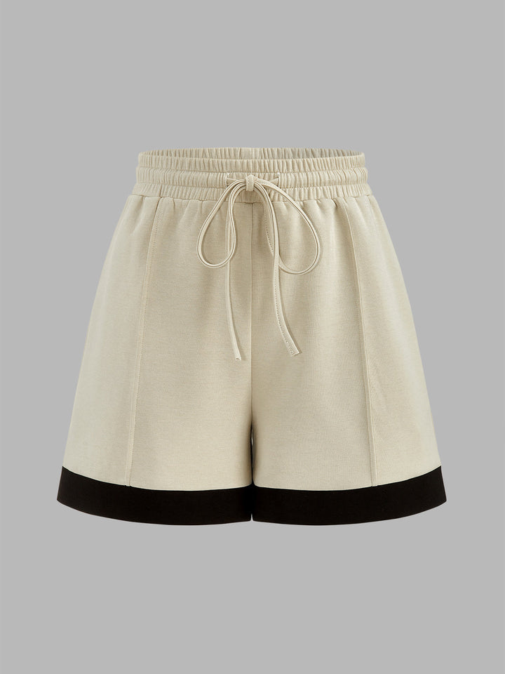 Contrast Trim V-Neck Top & Drawstring Shorts Set