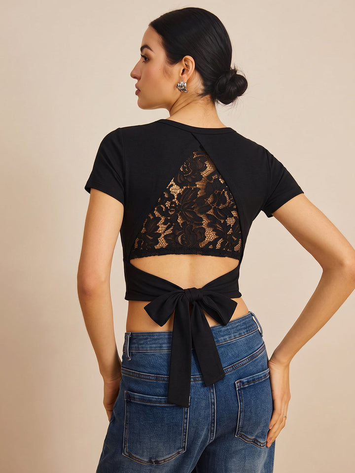 Lace Open Back Tie Cropped Top