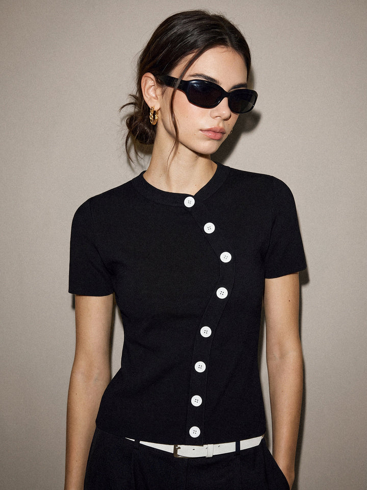 Diagonal Button Short Sleeve Knit Top