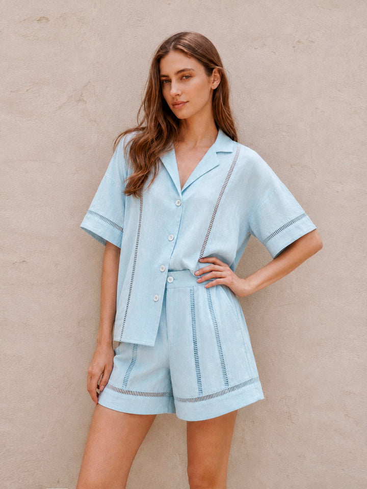 Hollow Linen Blend Two Piece Shorts Set